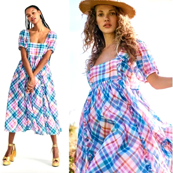LoveShackFancy Dresses & Skirts - LoveShackFancy S Malibu Dream Plaid Kimball Midi Dress 100% Cotton Blue Pink